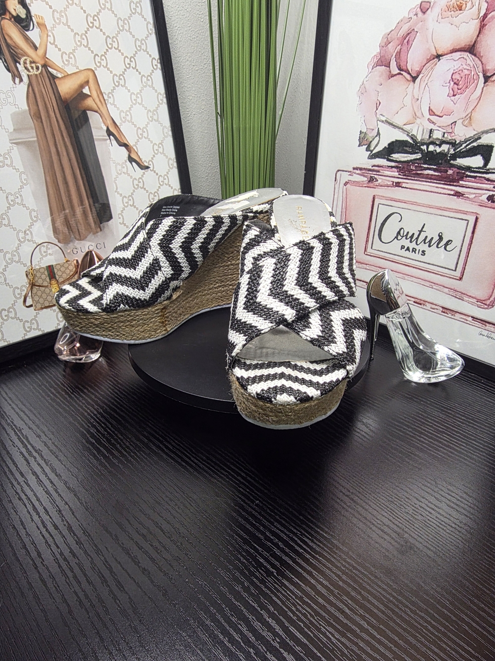 Rampage Black & White Woven Chevron Wedge Sandals - Picture 4 of 7